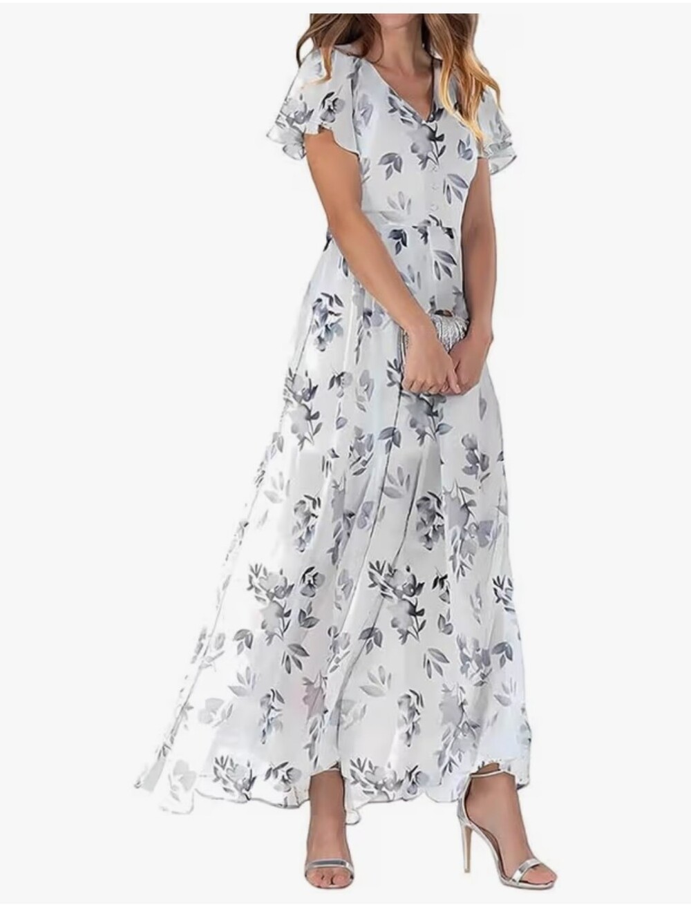 Women's White Floral Maxi Dress with Flutter Sleeves #123